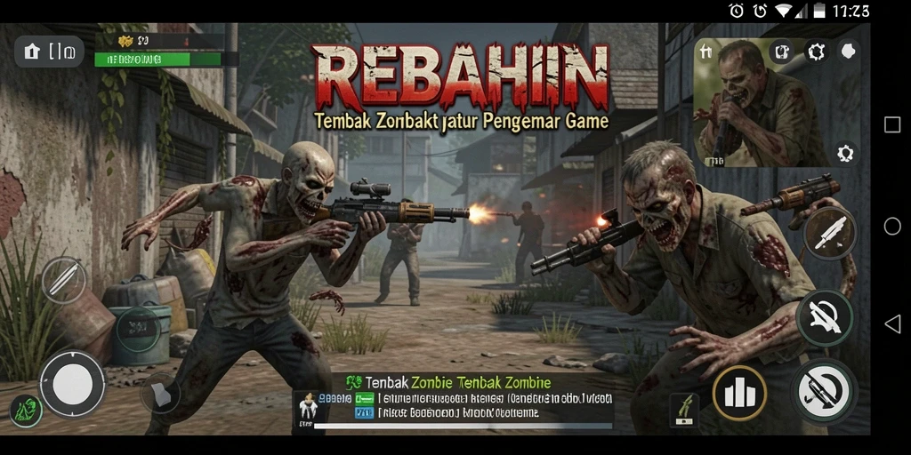 Tampilan permainan REBAHIN dengan aksi tembak zombie yang mendebarkan.